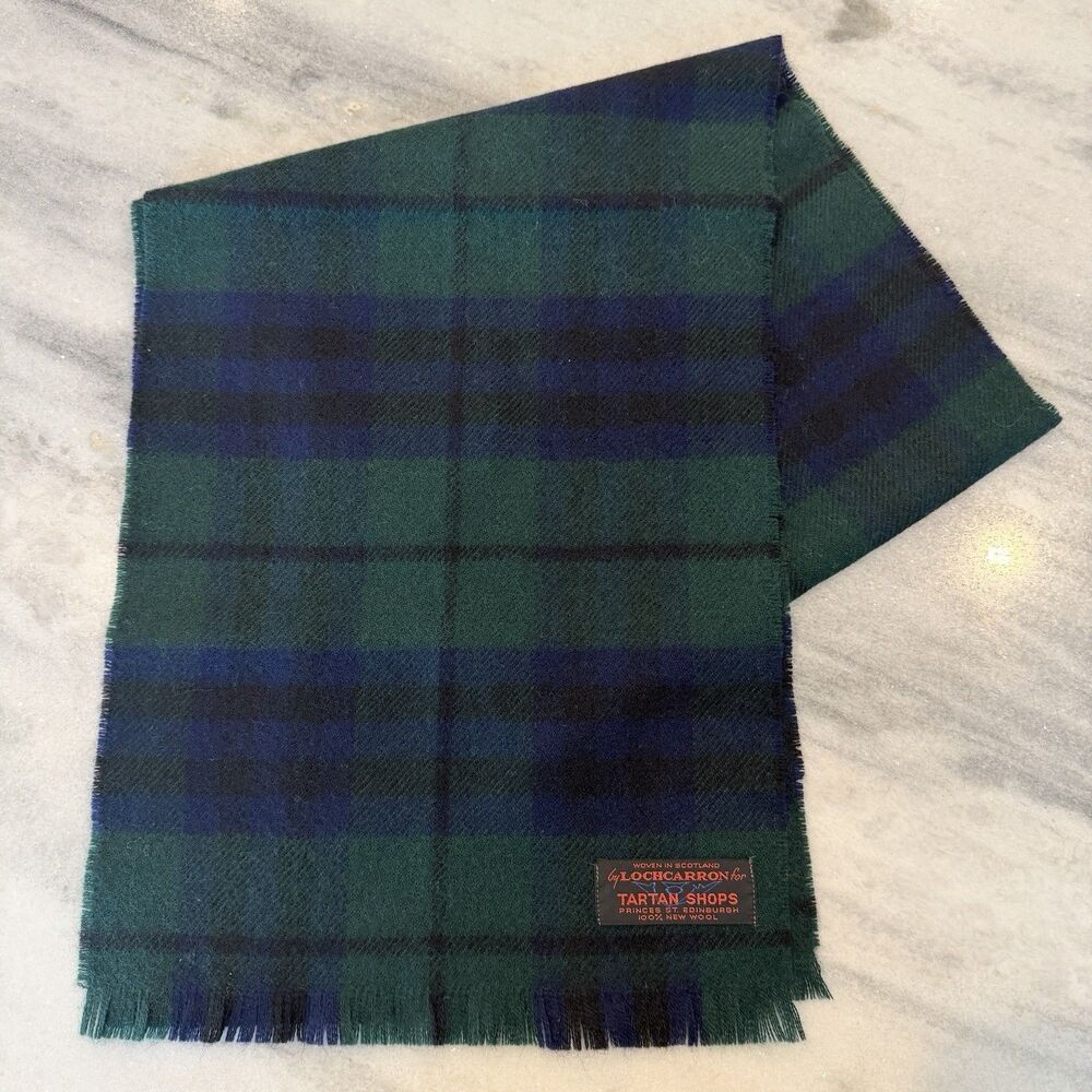 Lochcarron Tartan Shops 100% Lambswool Scarf  Made In Scotland Green Navy Tartan